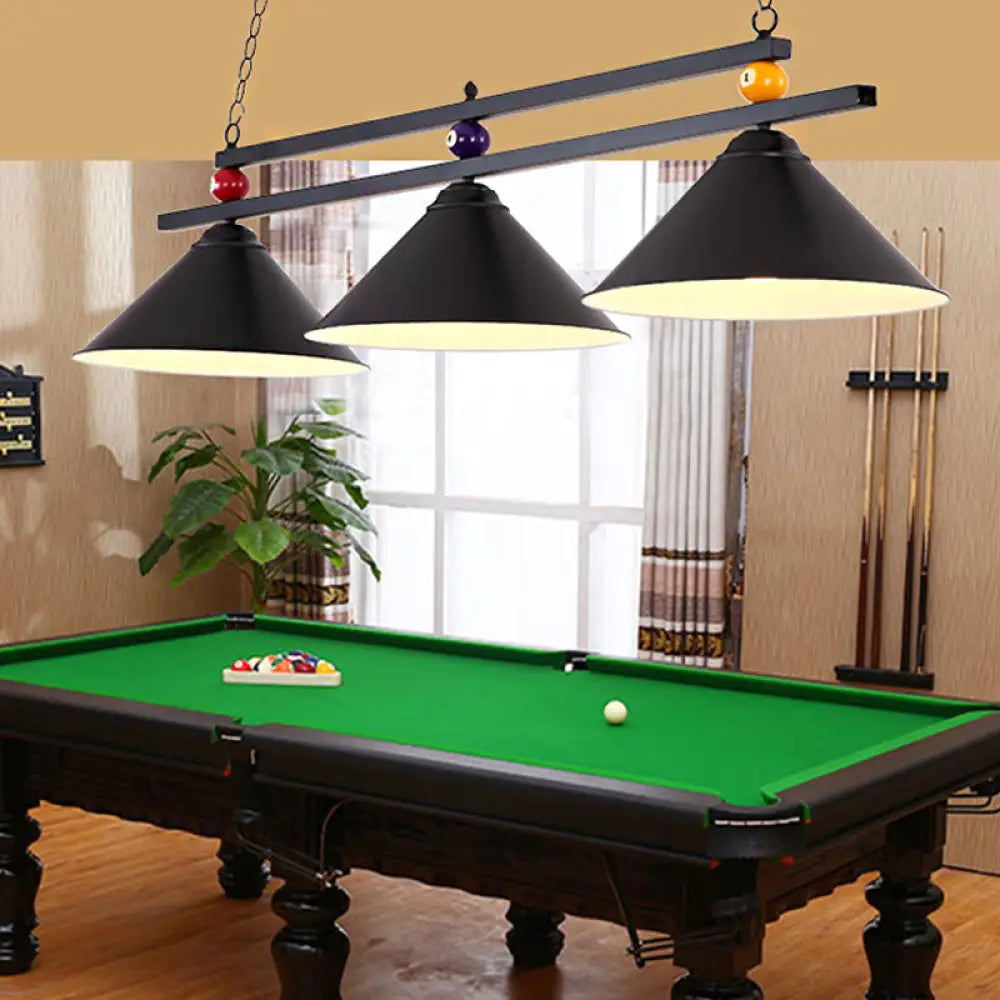 DecorBites™ Black/Red Industrial Cone Shade Ceiling Pendant with 3 Metal Heads and Billiard Ball Deco