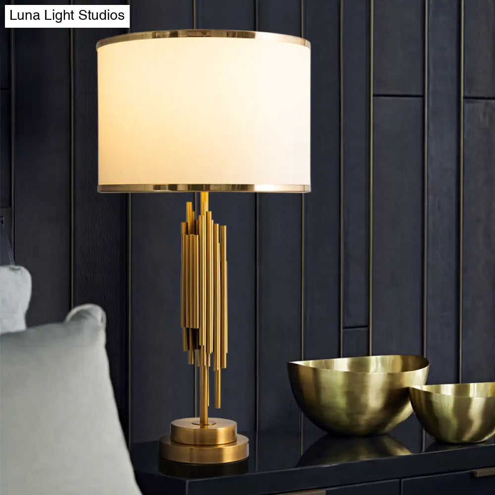 DecorBites™ Brass Fabric Drum Nightstand Lamp - Simplistic 1 Bulb Lighting for Living Room Tables