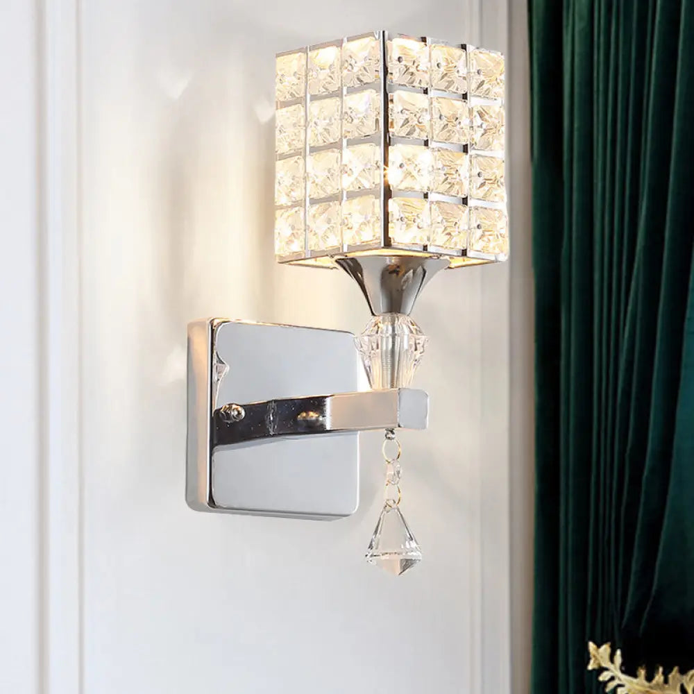 DecorBites™ Clear Crystal and Metal Cubic Shade Wall Sconce: Modern, Stylish 1 Light Fixture (Silver/Gold) for Bedroom
