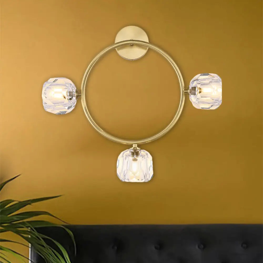 DecorBites™ Contemporary 3-Head Brass Wall Sconce with Modo Crystal Shade - Ring/Square Wall Light Fixture