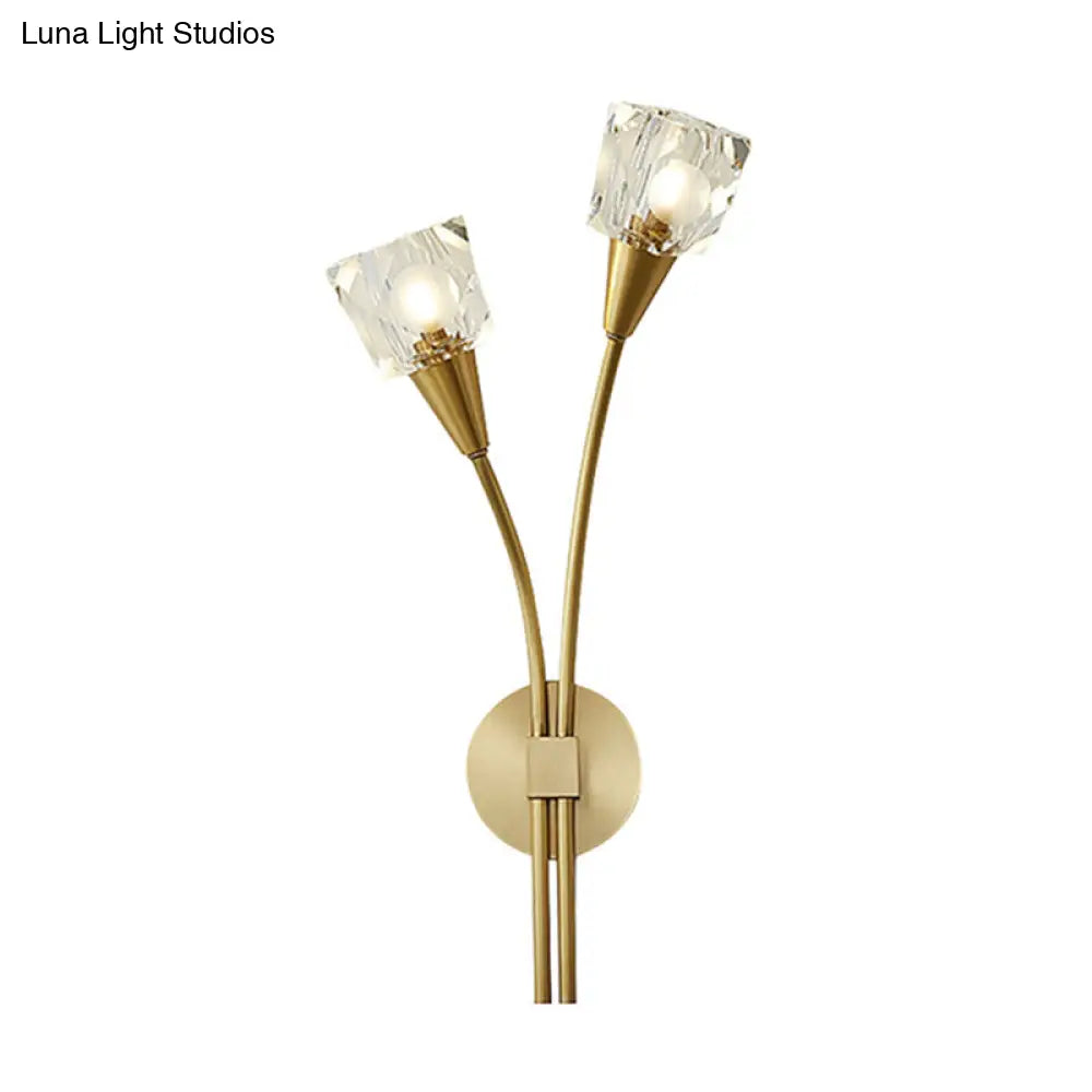 DecorBites™ Contemporary Faceted Crystal Bud Wall Sconce Light - 2 Lights, Brass Finish, Bedroom
