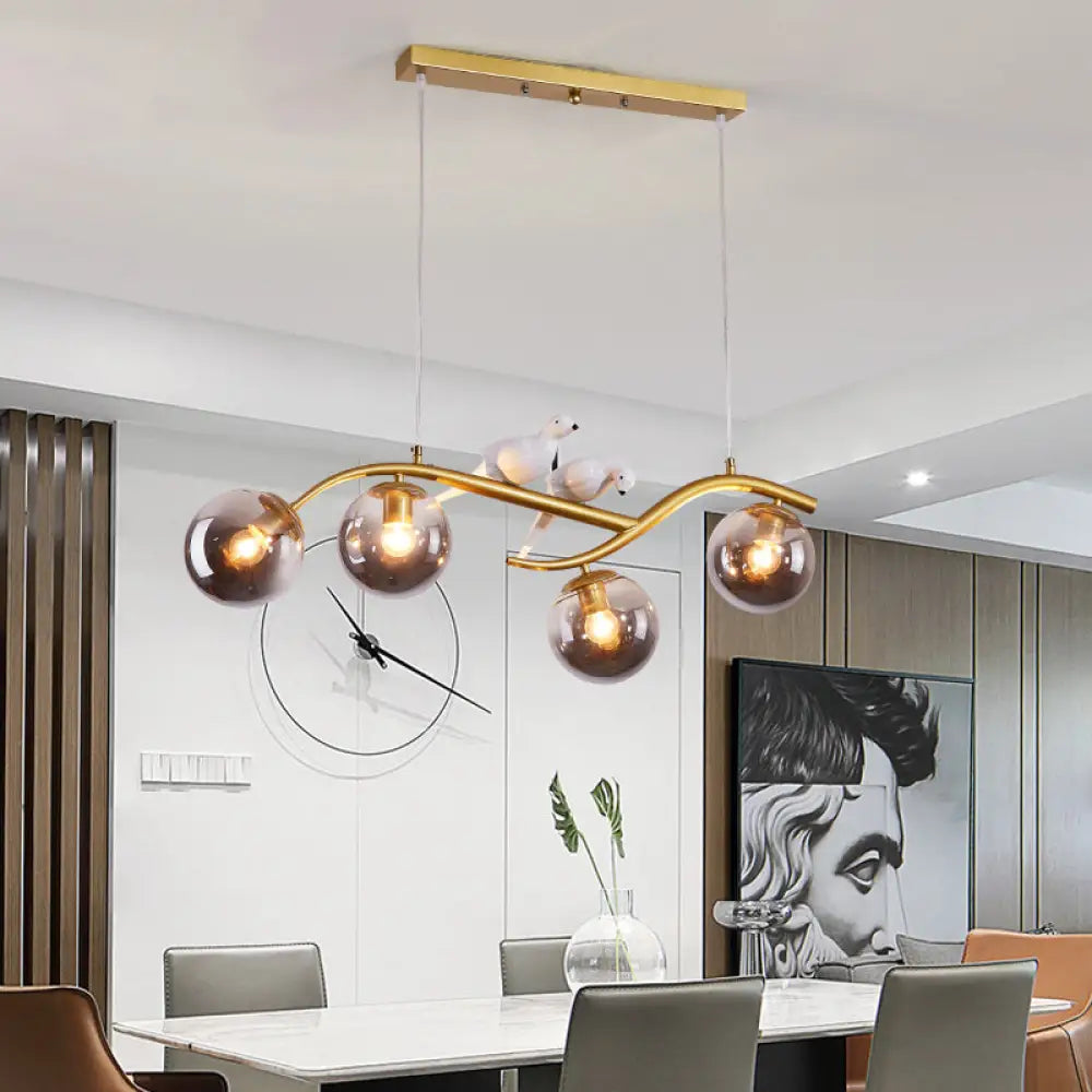 DecorBites™ Contemporary Metal Branch Hanging Lamp Island Pendant - 4-Light Black/Gold with Bird Deco and Smoke Grey/Cognac Glass Shade