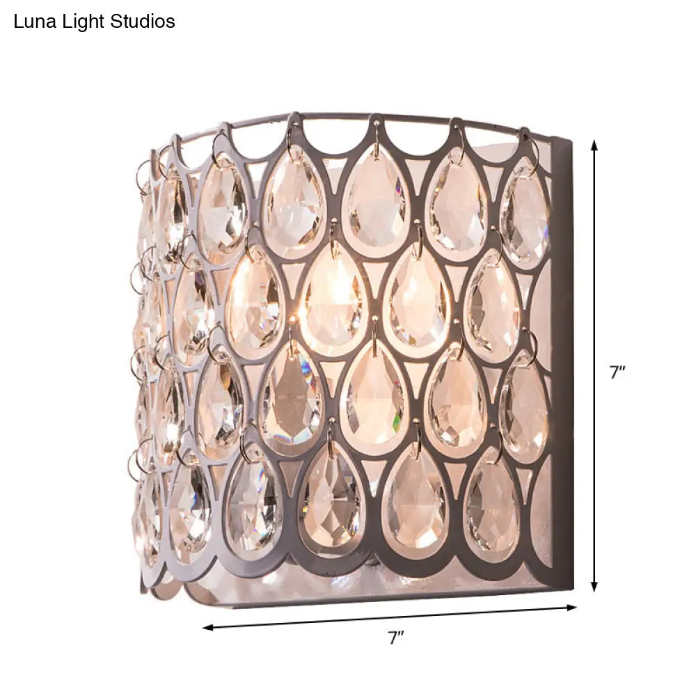 DecorBites™ Contemporary Teardrop Crystal Wall Sconce - White Cylinder Shade - Wall Mounted Light