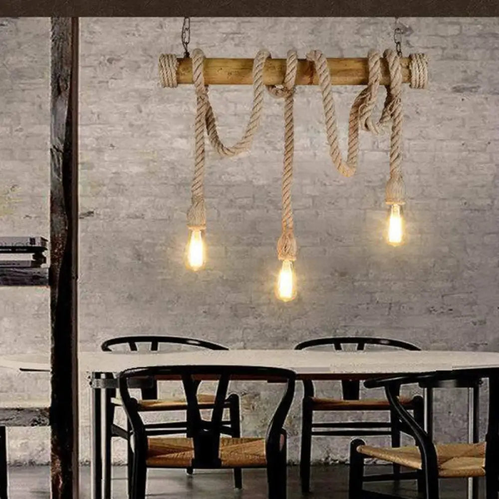 DecorBites™ Country Style Bamboo Hanging Lamp - 3 Lights, Linear Design - Perfect for Restaurants, With Hemp Rope