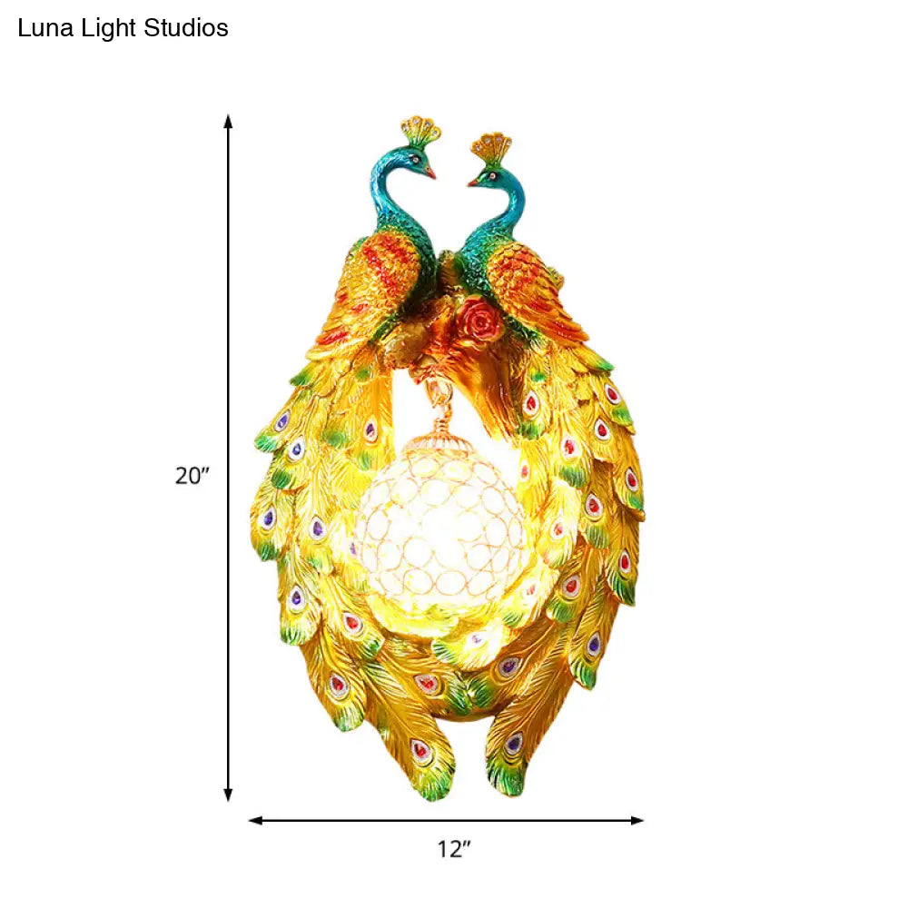 DecorBites™ Country Style Peacock Wall Sconce with Crystal Shade for Bedroom - Yellow Resin 1-Light Lamp