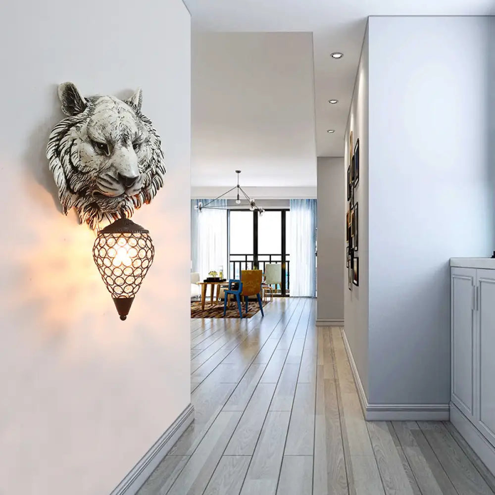 DecorBites™ Country Style Tiger Sconce Wall Lamp for Children's Room - Yellow/Gray Resin with Clear Crystal Shade and 1 Bulb