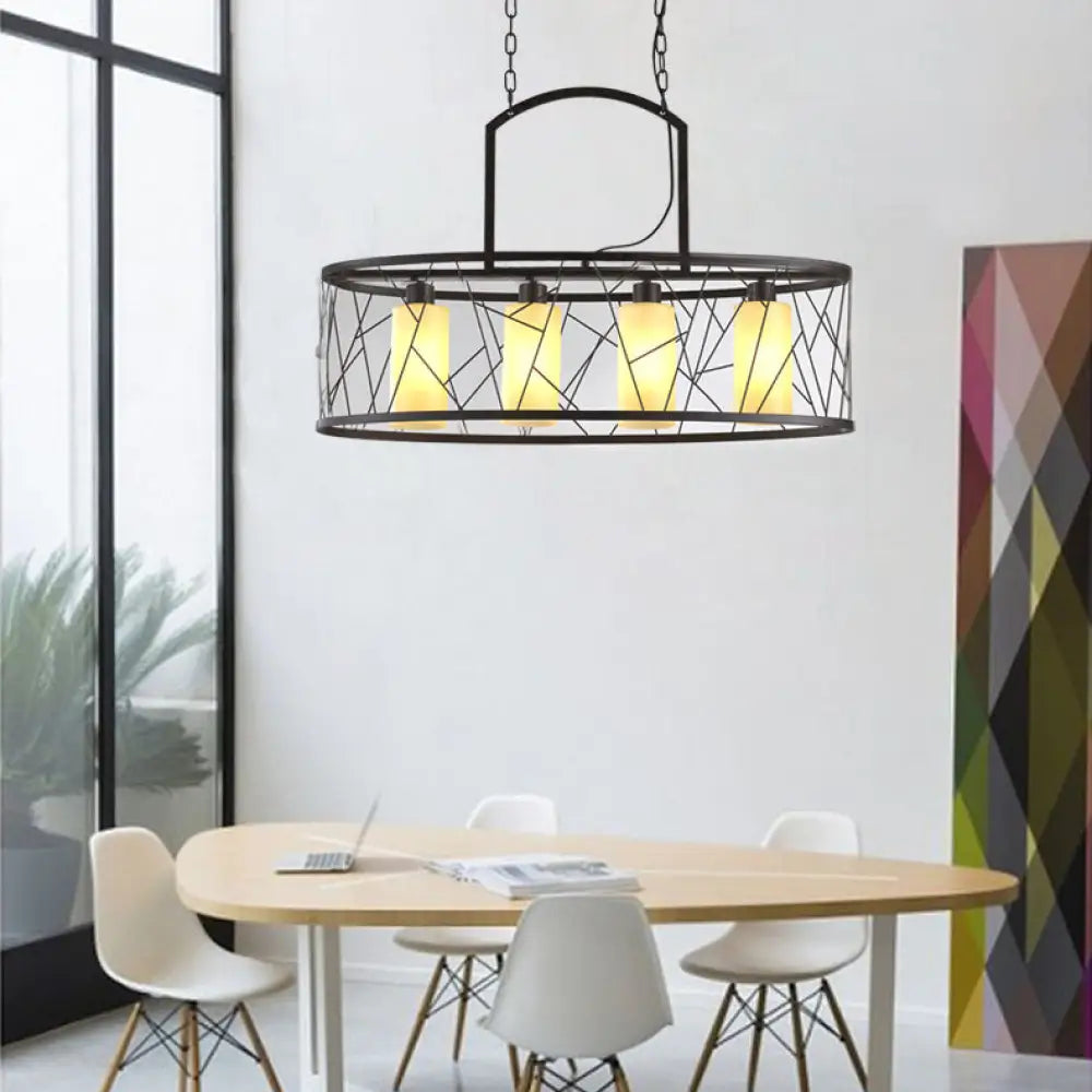 DecorBites™ Farmhouse 4-Head Island Lamp with Metal Oblong Mesh Shade in Stylish Black