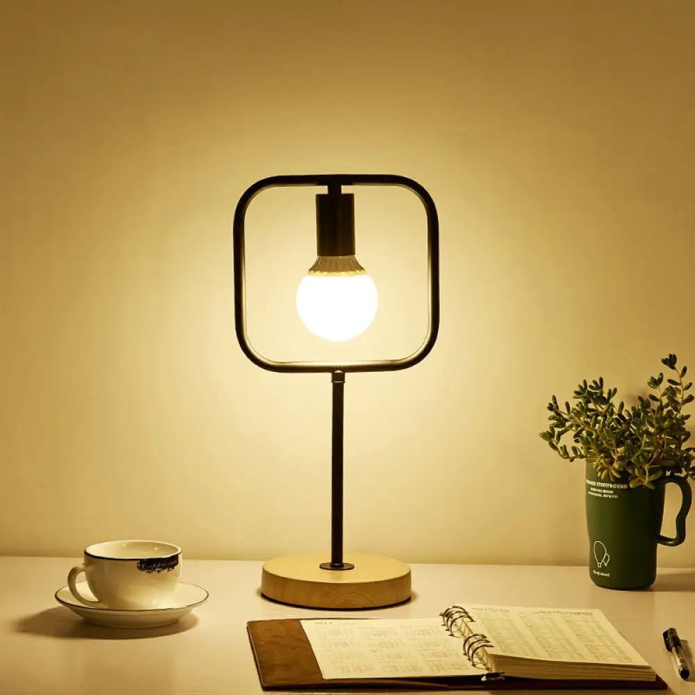 DecorBites™ Geometric Frame Metal Table Lamp with Round Wooden Base - Stylish Industrial Bedside Night Light