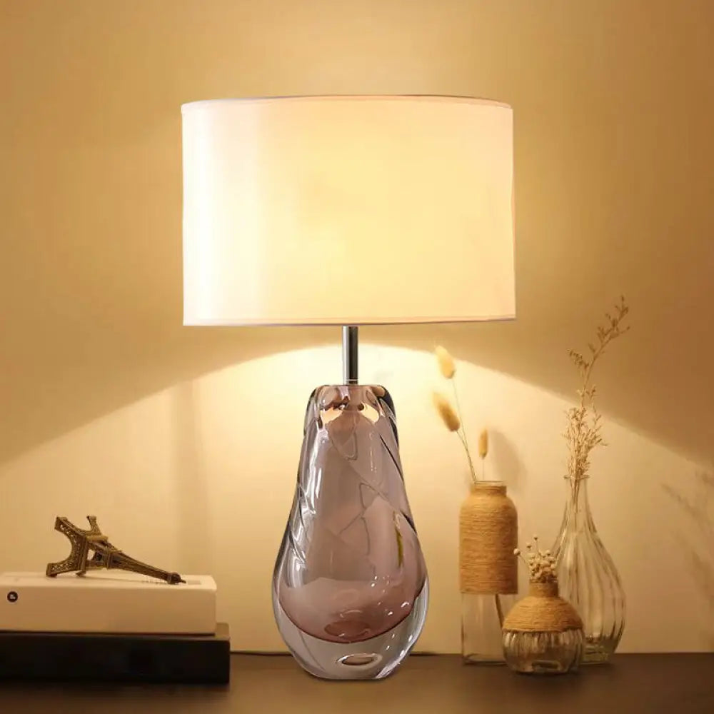 DecorBites™ Handblown Glass Pear Living Room Table Lamp, Modern White Nightstand Light with Fabric Drum Shade