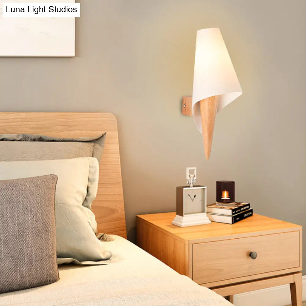 DecorBites™ Ice Cream Cone Wall Mounted Light with Simplicity Wood Finish, Single-Bulb Bedside Wall Light Fixture & White Glass Shade