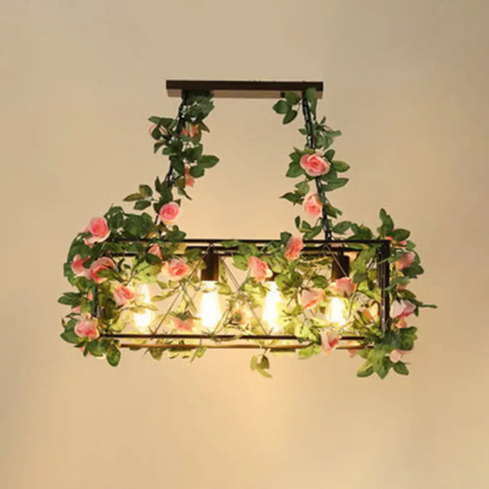 DecorBites™ Industrial Black Metal Island Lamp with 4-Light Rectangle Design and Stylish Faux Plant Decor