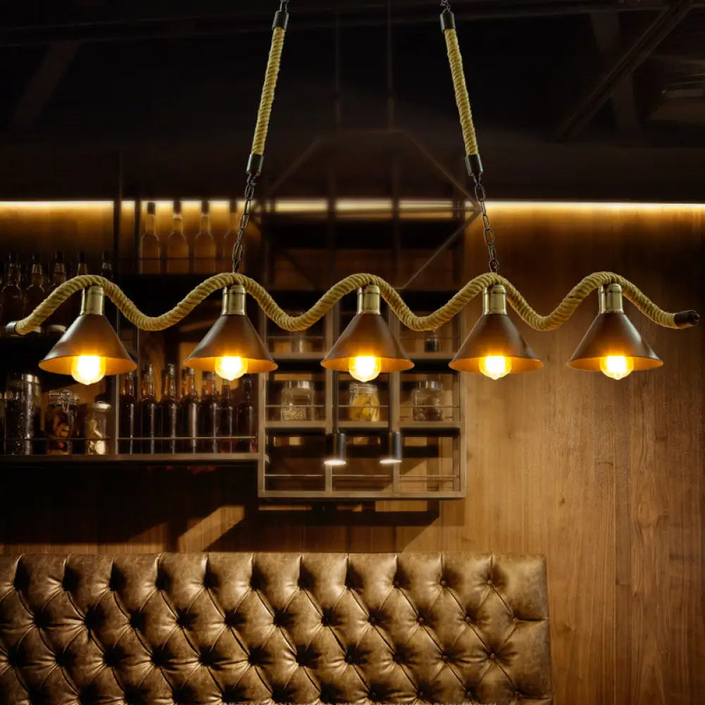 DecorBites™ Industrial Metal Bistro Island Lighting - Black Conical Hanging Light with Hemp Rope