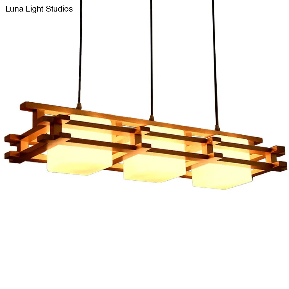DecorBites™ Japanese Wood Ceiling Pendant with Blown Glass: Cube Restaurant Island Light Fixture - 3 Bulbs