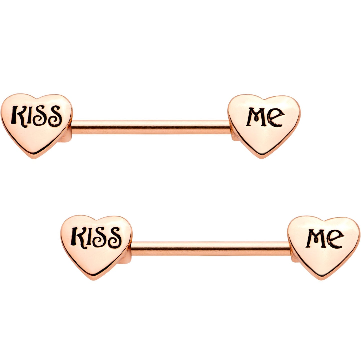 Rose Gold Tone Anodized Kiss Me Barbell Nipple Ring Set