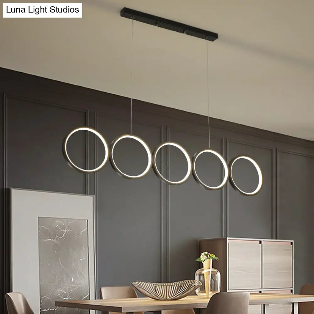 DecorBites™ LED Ceiling 5-Ring Black Hanging Island Light Metal Pendant over Table, Warm/White Light