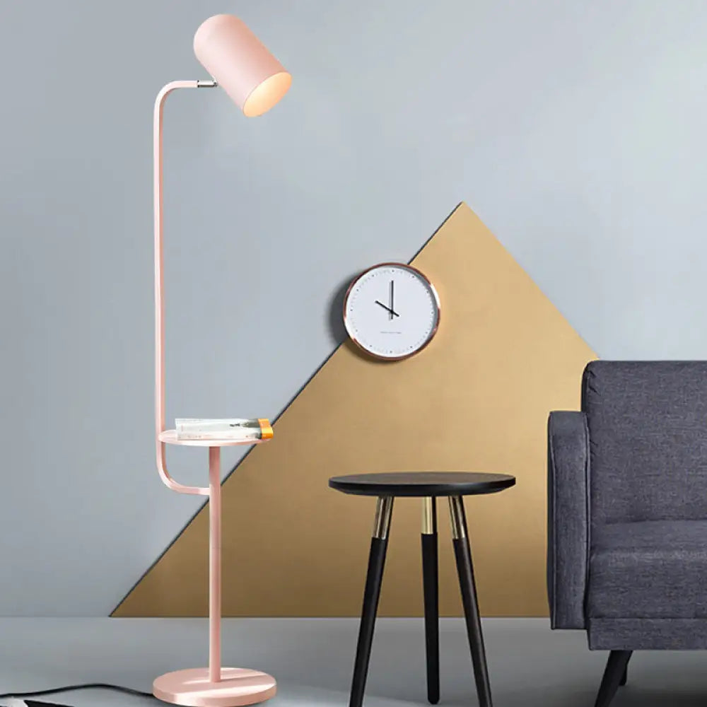 DecorBites™ Metal Floor Light Warehouse: Bell Shaped Living Room Reading Lamp with Wood Shelf Deco - Pink/Yellow/Green Bulb
