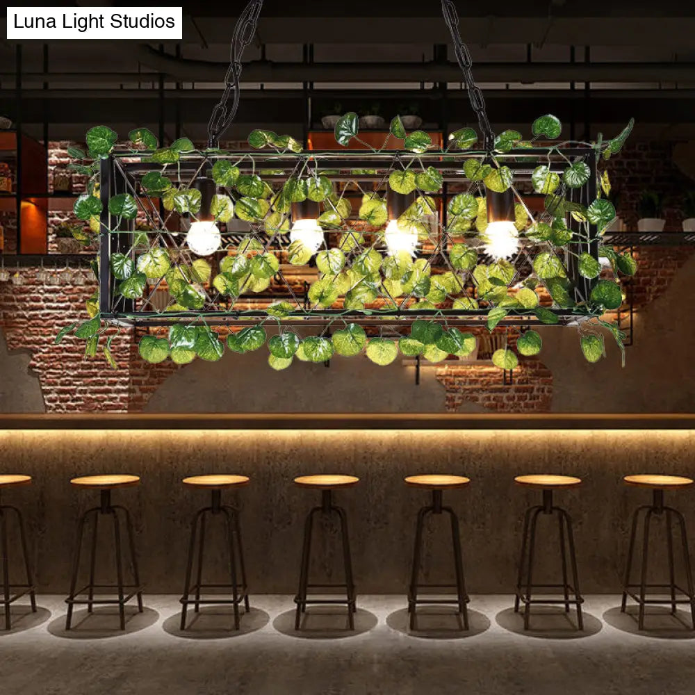 DecorBites™ Metal Island Pendant - Antique Black Rectangle with LED Down Lighting and Plant Decor