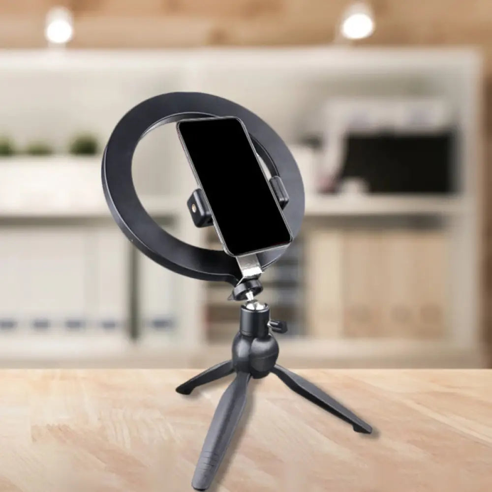 DecorBites™ Minimalist Black Tripod Phone Holder with LED Vanity Light and Fill-in Flash Lighting +