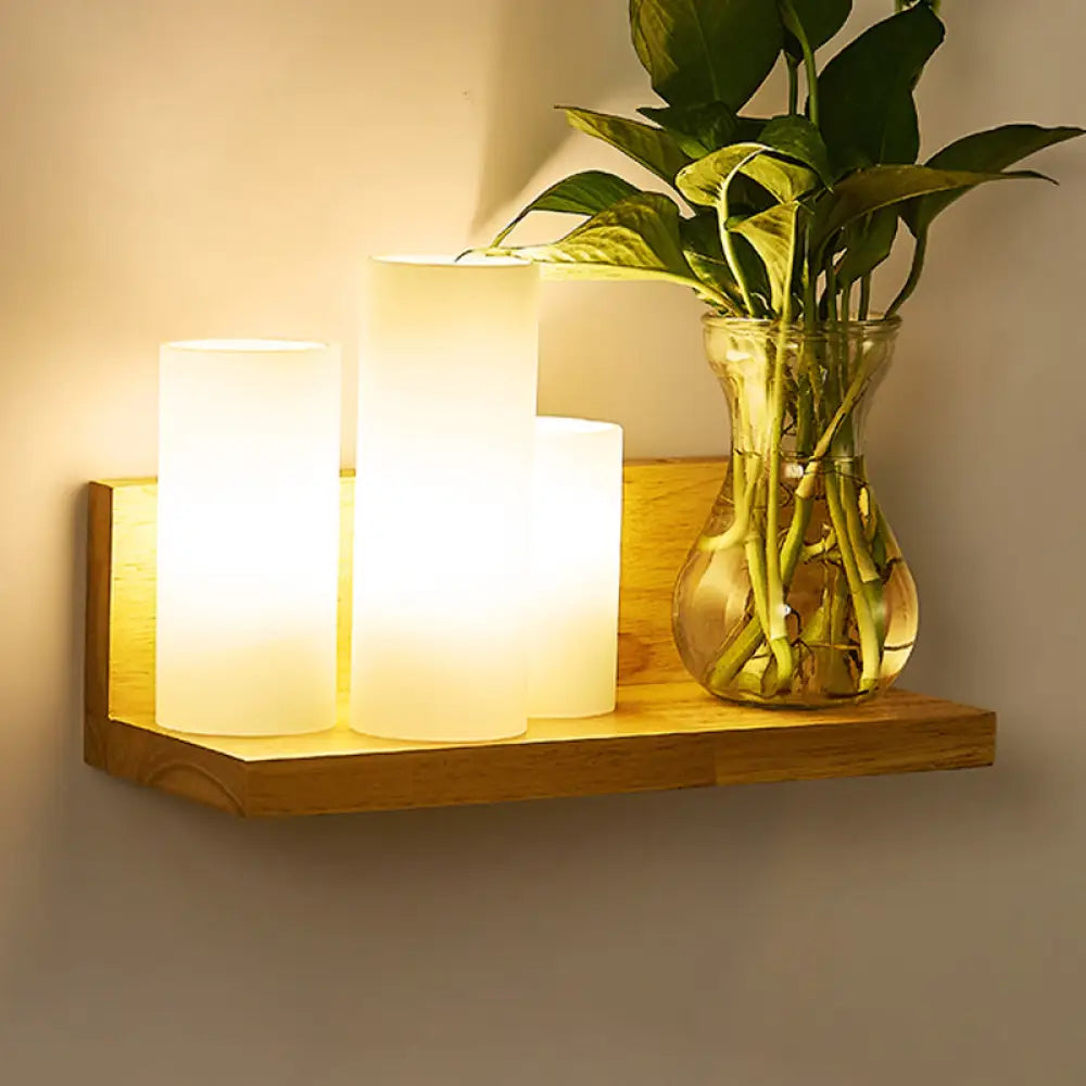 DecorBites™ Minimalist Geometric Stairs Wall Sconce - Cream Glass Single Flush Light in Wood