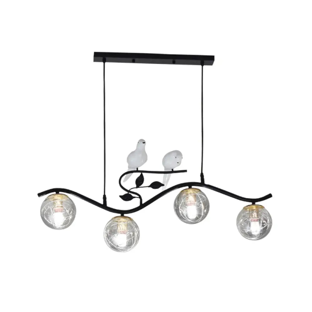 DecorBites™ Minimalist Metal Wavy Island Pendant with 4-Light Black Hanging Lamp, Ball Glass Shade, and Bird Deco