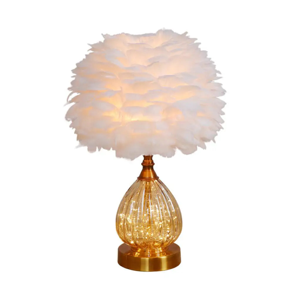 DecorBites™ Modern Amber Glass Droplet Night Light with White Table Lamp and Feather Shade