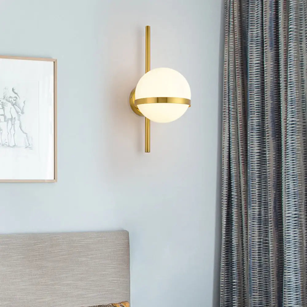 DecorBites™ Modern Black/Gold Vertical Wall Sconce with Orbit Opal Glass Shade - 1 Head Metal Wall Lamp, 6"/8" Width