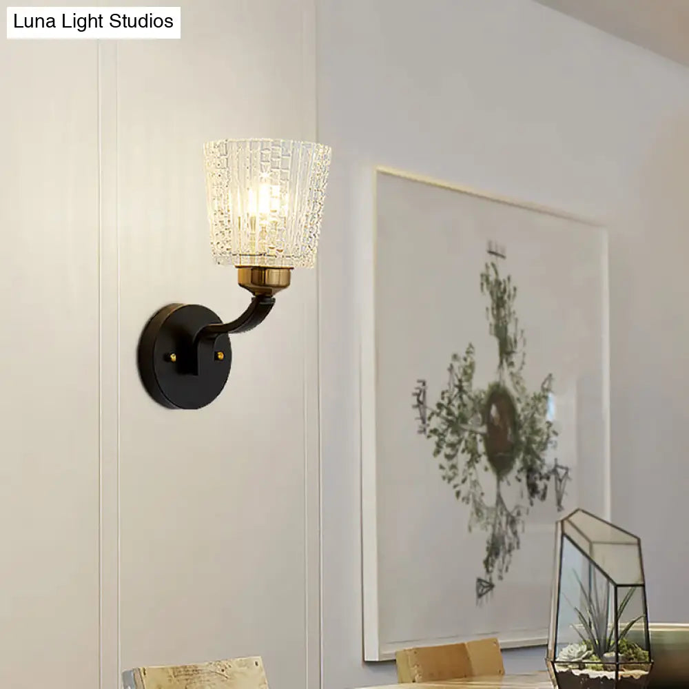 DecorBites™ Modern Black Metal Sconce Light with Textured Glass Shade - 1 Light Conical Wall Lighting