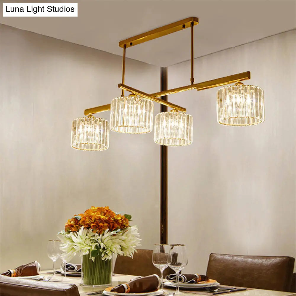 DecorBites™ Modern Brass Hanging Light with Crystal Block - 4-Light Metal Cylinder Island Lighting for Living Room