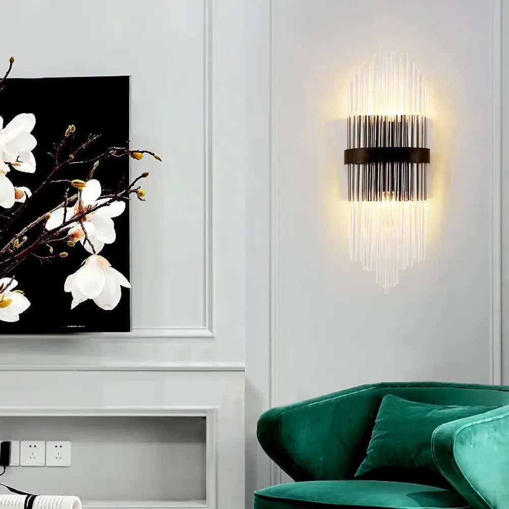 DecorBites™ Modern Clear Crystal Prism Wall Sconce Light with Metal Square Backplate in Black, 1/2-Pack