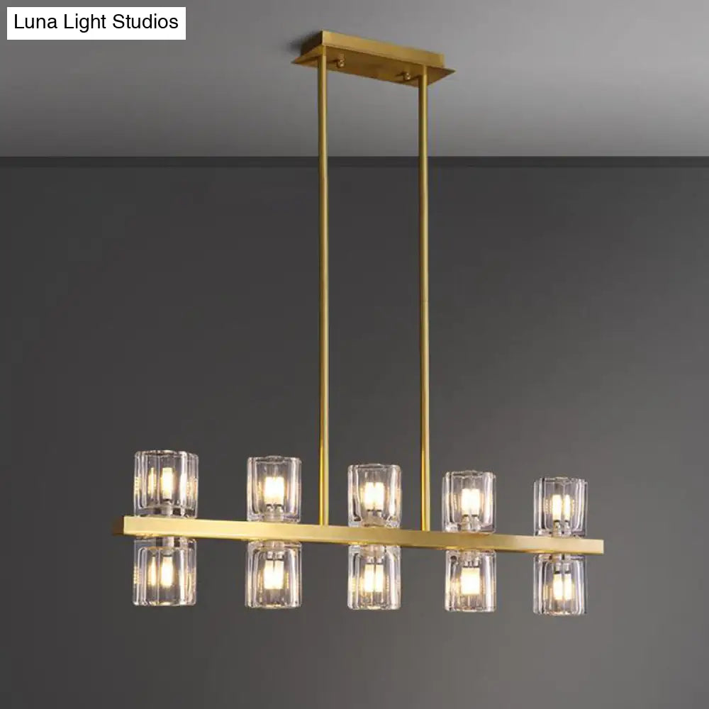 DecorBites™ Modern Clear Glass Cylinder Island Light Fixture - 10 Head Gold Suspension Pendant for Restaurants