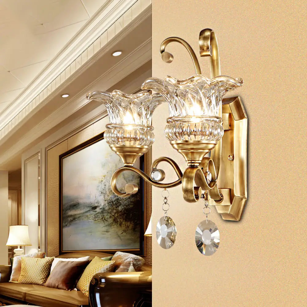 DecorBites™ Modern Clear Glass Flower Sconce: Brass Wall Lamp with Crystal Accent - 1/2 Lights