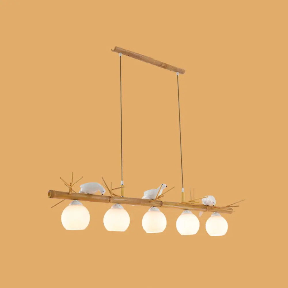 DecorBites™ Modern Cream Glass Wood Pendant Light with White Bird Deco - Dome Island Fixture