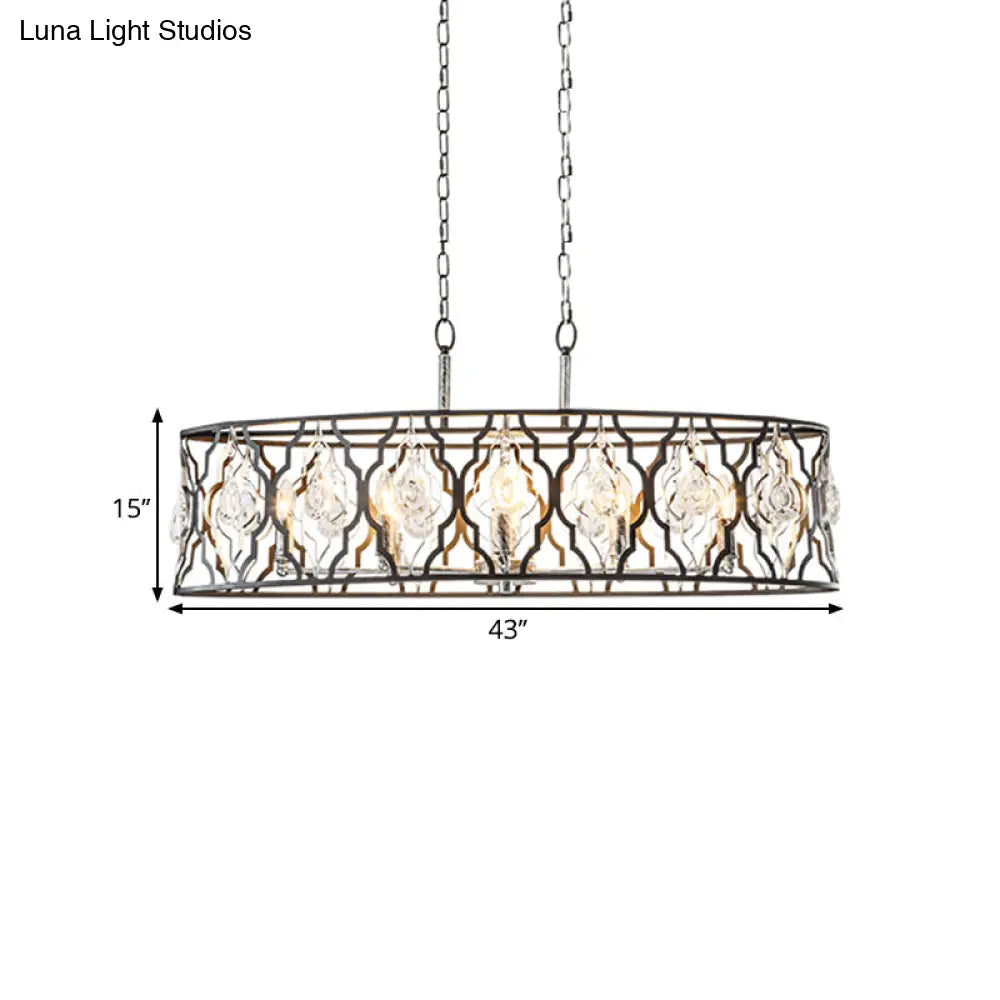 DecorBites™ Modern Drum Frame Island Pendant Light | Black Metal with Crystal Block Accent | 8 Bulbs Suspension Lamp