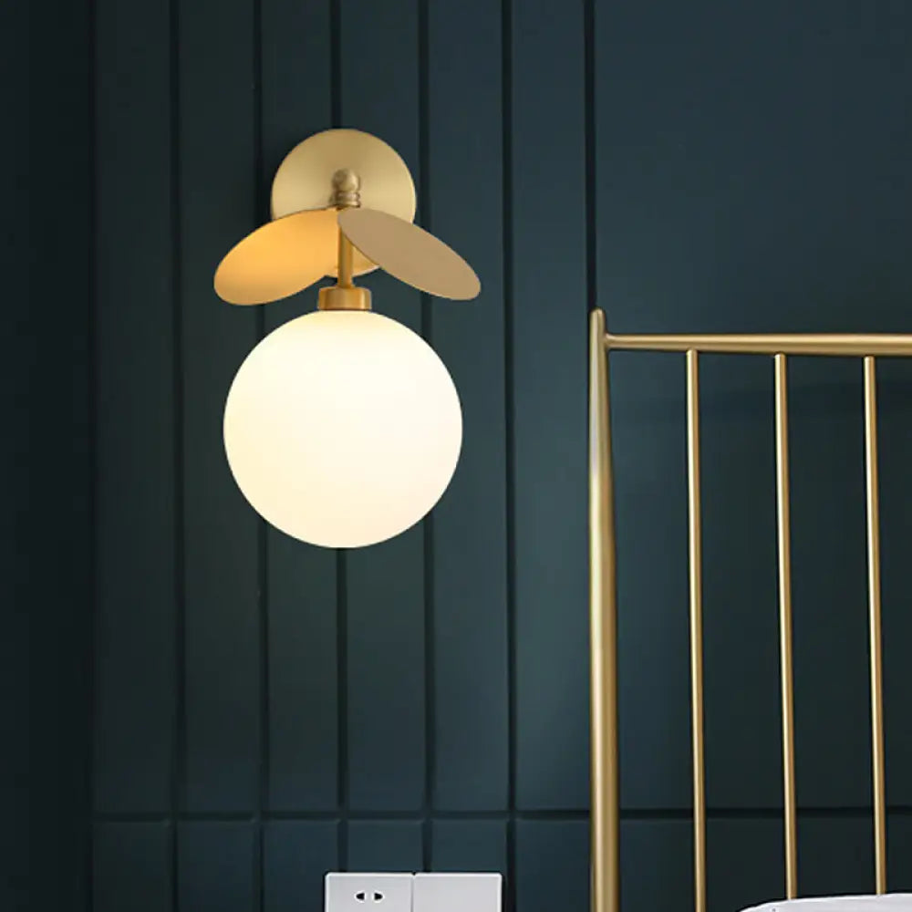 DecorBites™ Modern Globe/Oval Wall Mount Lamp with Cream Glass - Brass Bedside Wall Light with Leaf Deco