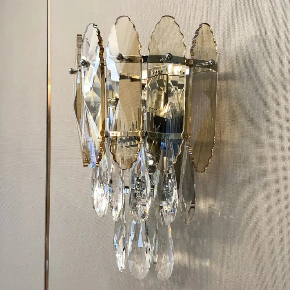 DecorBites™ Modern Layered Wall Lighting – Clear and Champagne/Smoke Gray Crystal Wall Sconce Fixture, 2 Lights