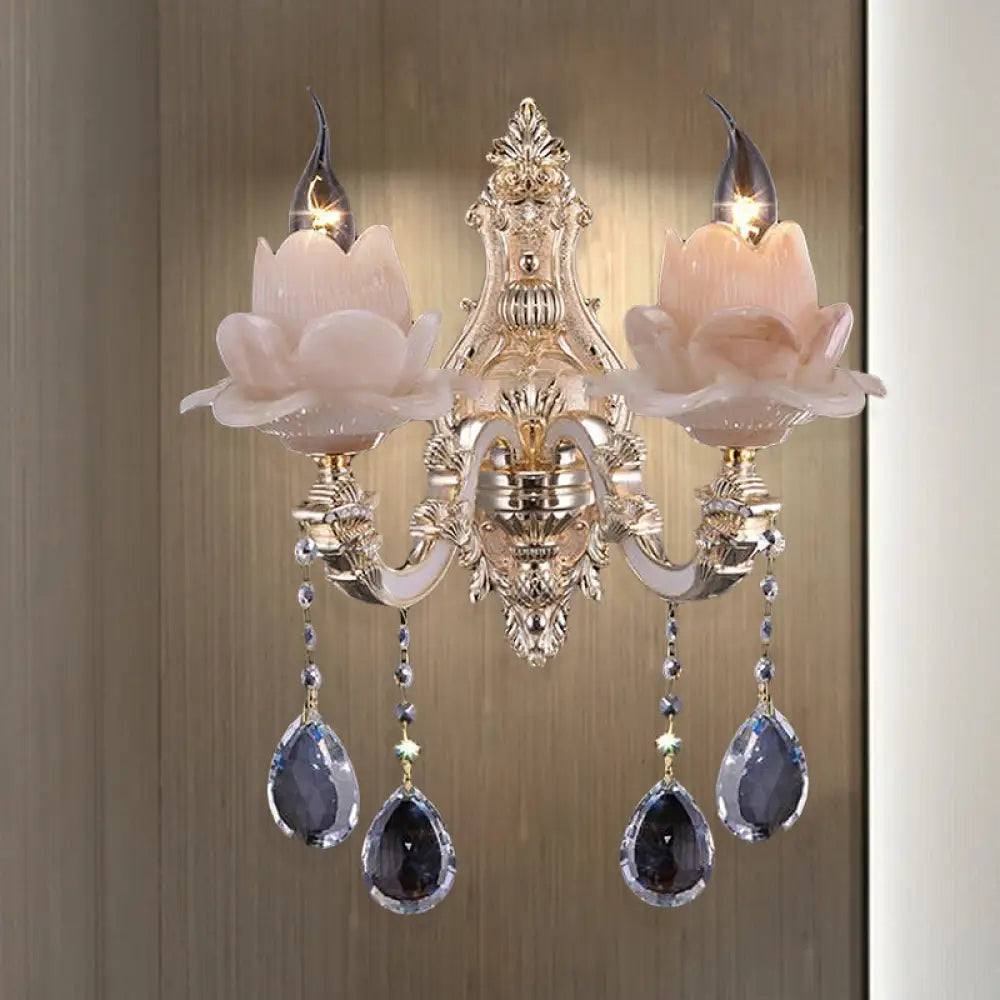 DecorBites™ Modern Lotus Wall Light Fixture with Milky Glass, Brass Sconce, and Teardrop Crystal Accent