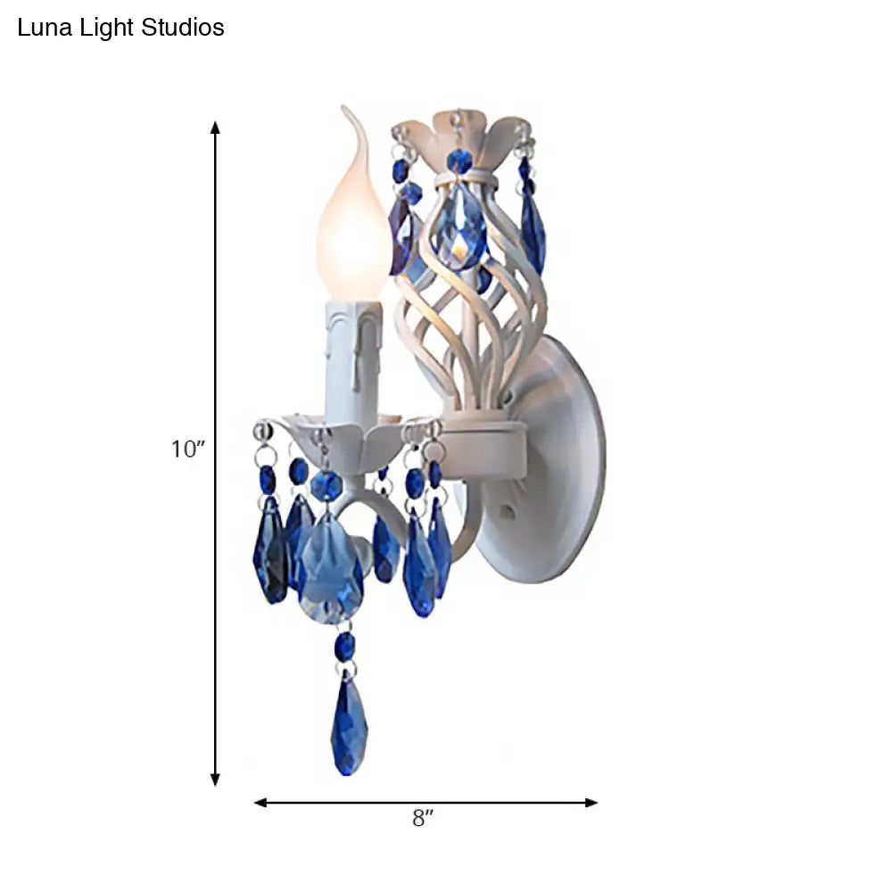 DecorBites™ Modern Metal Wall Light with Exposed Bulb, White Lamp with Blue Crystal Draping
