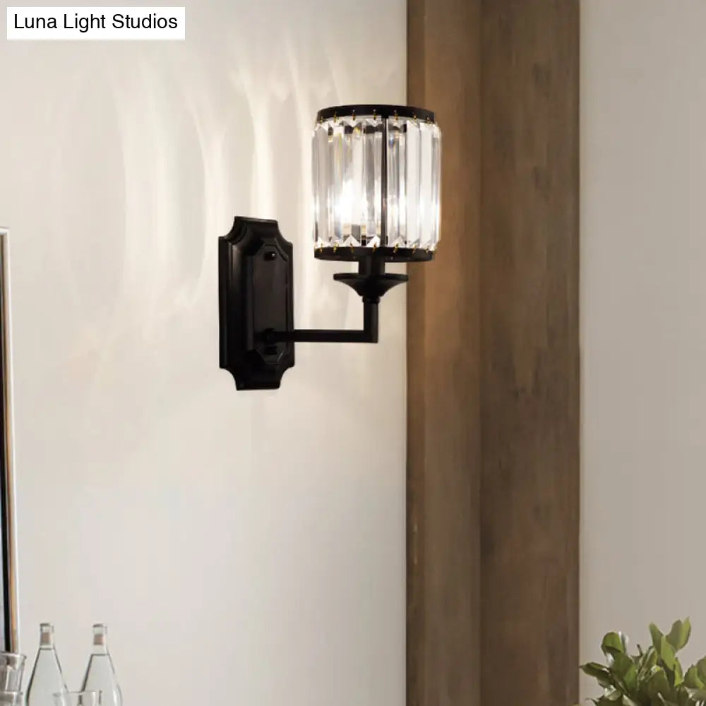 DecorBites™ Modern Metallic Cylinder Wall Lamp: 1 Light Sconce with Clear Crystal Prism in Black for Corridor