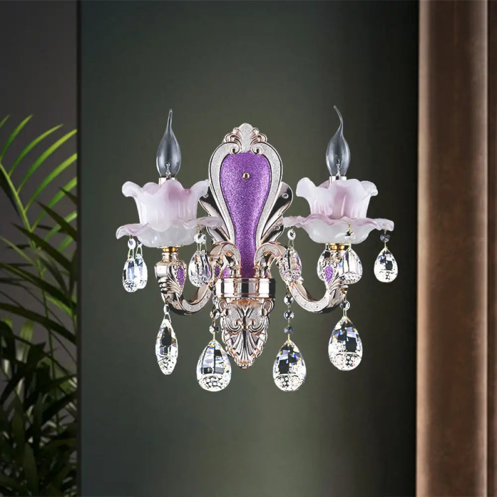 DecorBites™ Modern Purple Candelabra Wall Mount Light with Crystal Drop - 1/2 Lights Jade Sconce Fixture