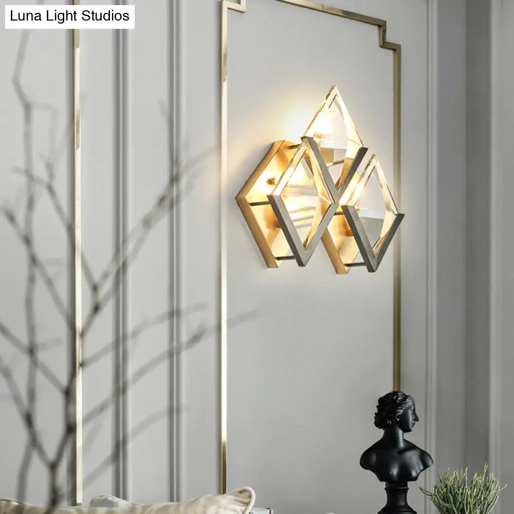 DecorBites™ Modern Rhombus Wall Sconce Light with Clear Crystal and Metal Accents - 3 Lights - Golden Finish