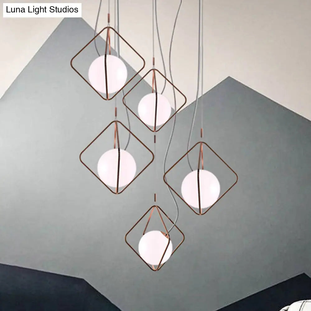 DecorBites™ Modern Square Suspension Light with Metal & Glass Orb Shade in White – Ideal for Living Room