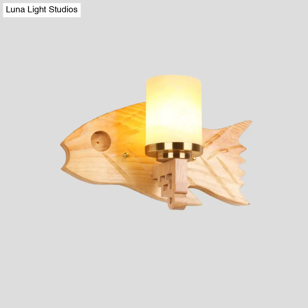 DecorBites™ Modernist Cracked Glass Cylinder Wall Mount Sconce Lamp - 1 Light Bedroom Lighting with Fish Wood Backplate