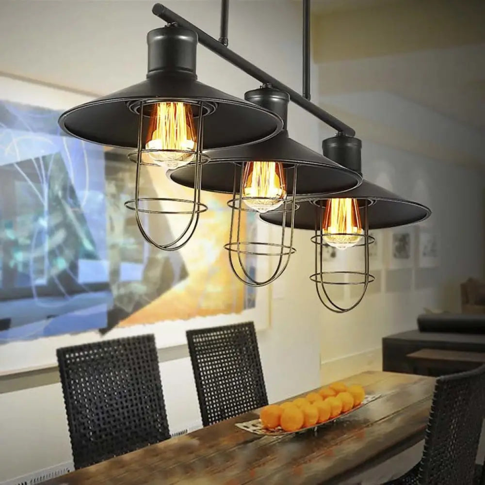 DecorBites™ Nautical Saucer Island 2/3 Heads Pendant Lamp with Wire Cage Shade, Black