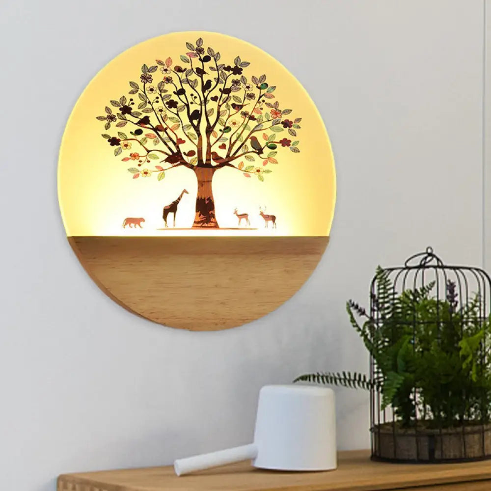 DecorBites™ Nordic LED Wall Light with Wood Tree and Animal/Flowering Tree Print Design, Acrylic Shade Included