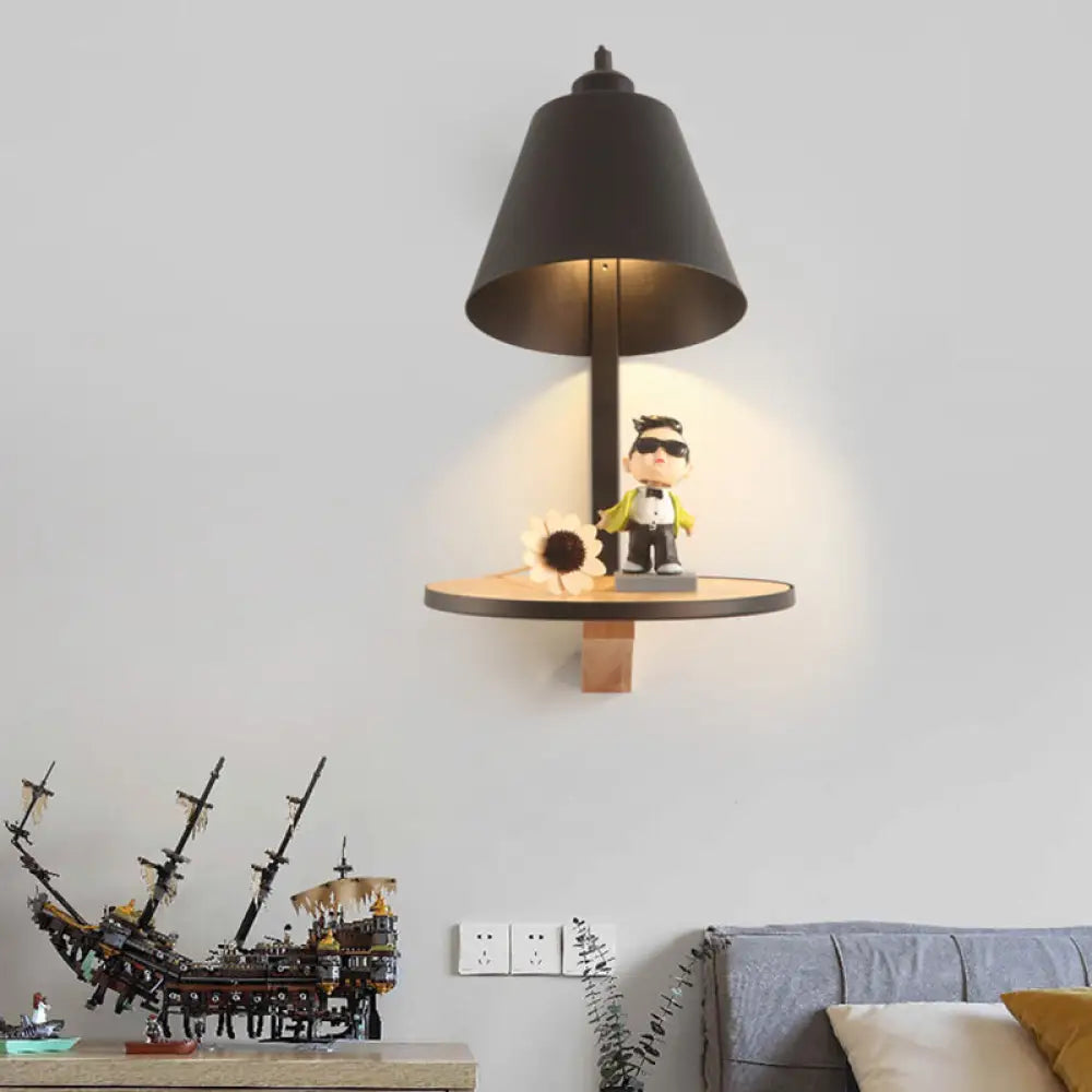 DecorBites™ Nordic Style 1-Light Metal Wall Sconce with Wooden Supporter - White/Gray Tapered Shade