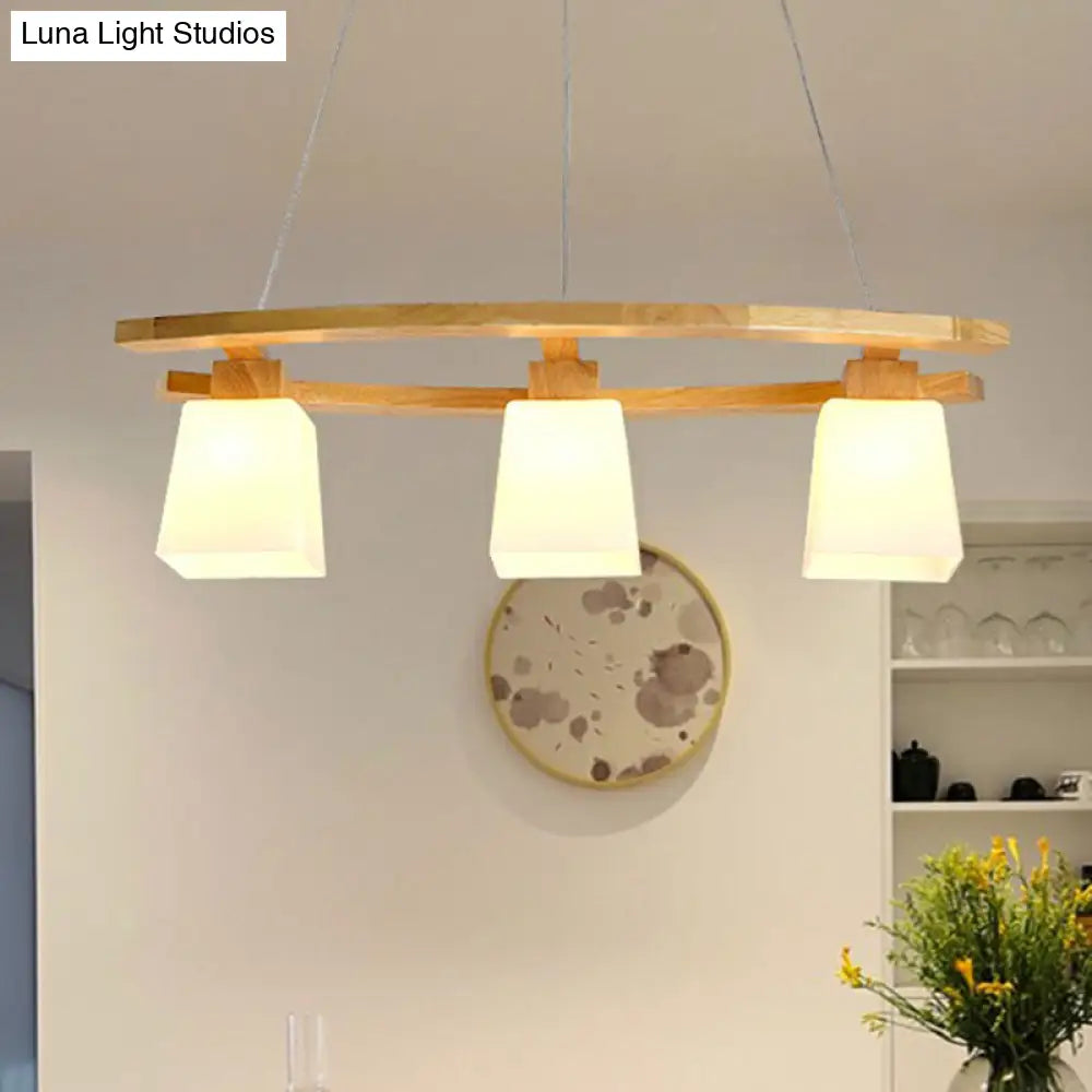 DecorBites™ Nordic Wood Island Pendant Ceiling Light with Trapezoid White Glass Shade - 3-Light Dining Room Fixture