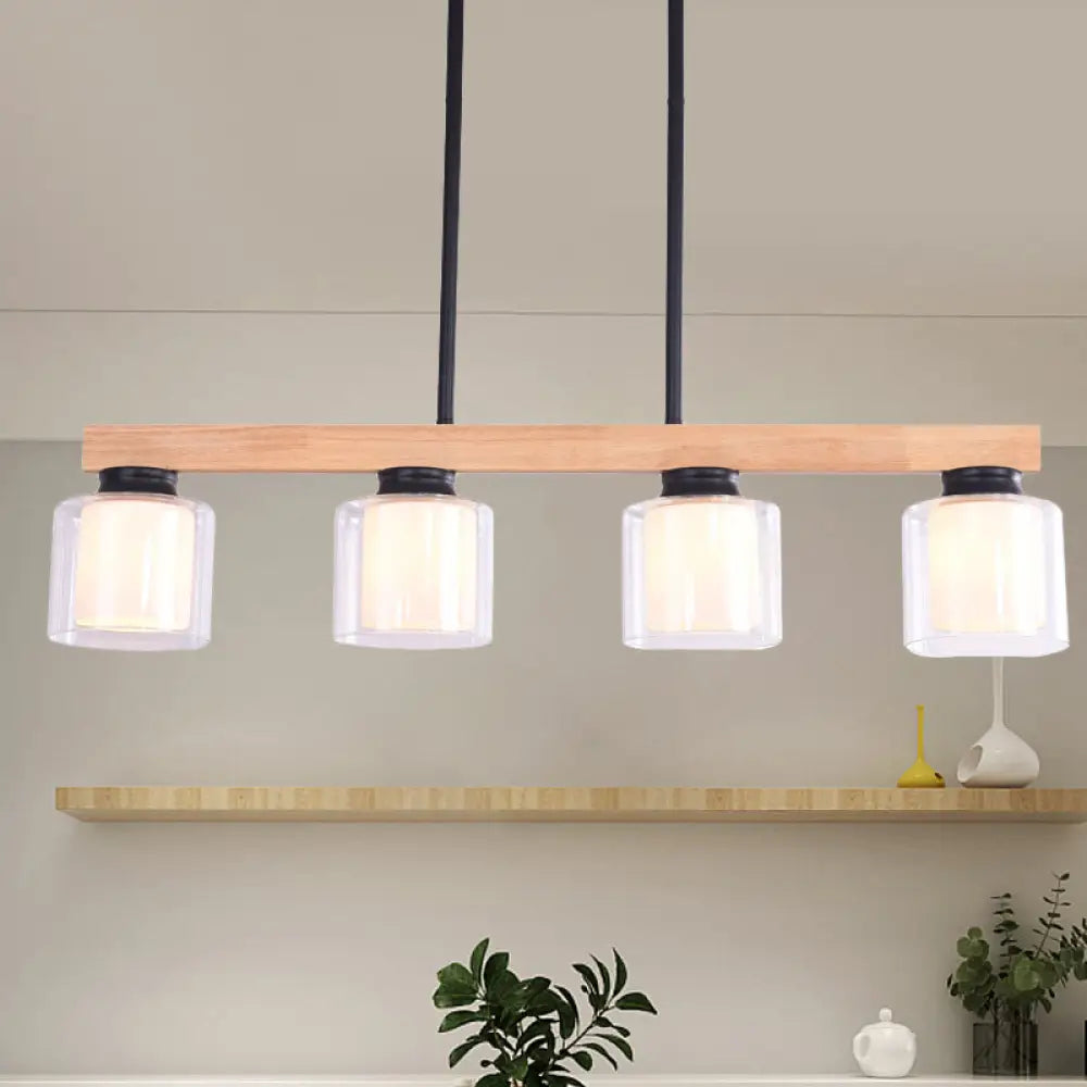 DecorBites™ Nordic Wooden Linear Pendant with Double Glass Cylinder Shades for Restaurant Island Lighting (3/4-Head, White)