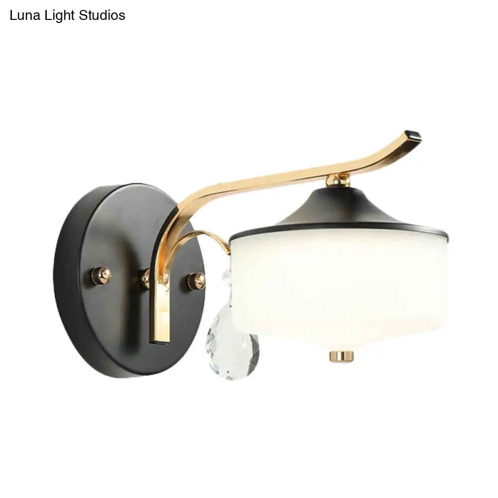 DecorBites™ Post Modern Drum Indoor Wall Sconce with Opal Glass and Crystal Droplet in Black and Gold LED Lighting