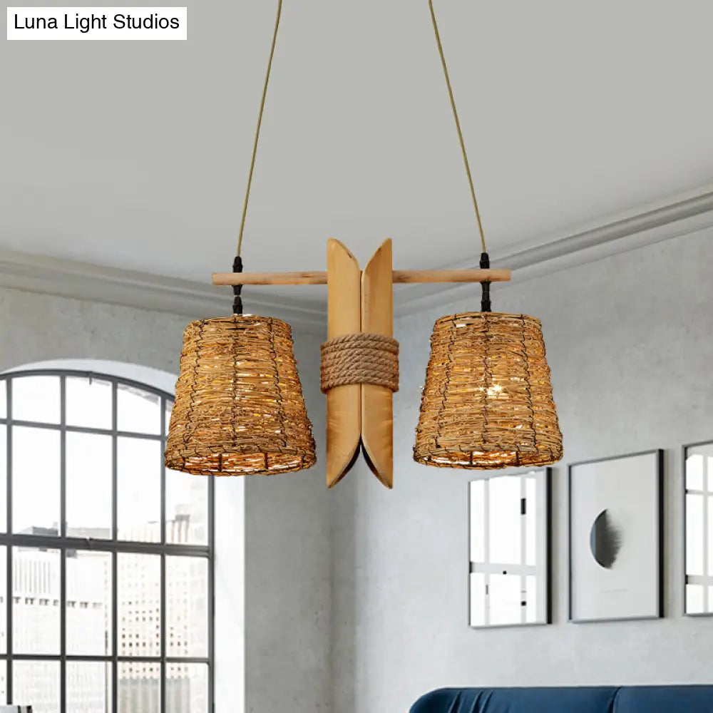 DecorBites™ Rattan Conic Restaurant Pendant Lamp with 2 Beige Heads and Bamboo Tube Decoration