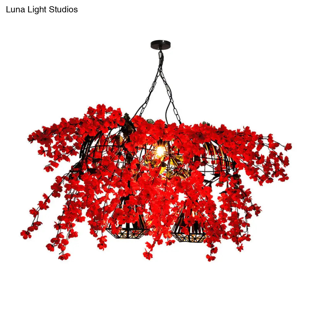 DecorBites™ Red Metal Island Ceiling Light with Diamond Cage - 3-Head Industrial Suspension Lamp